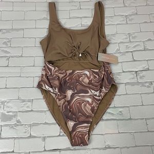 Refuge One piece swimsuit Light brown Tie front Open stomach XL New NWT